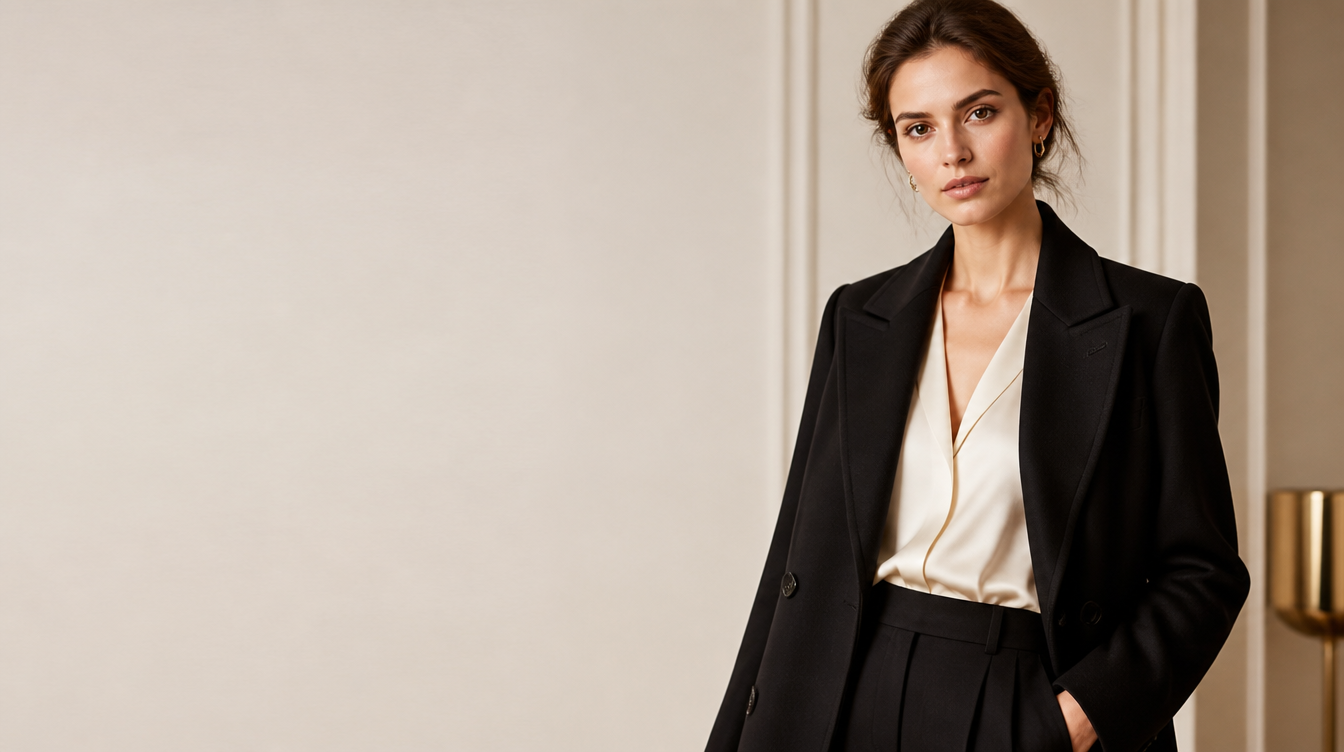 Maison Noir editorial — tailored black coat and cream silk blouse