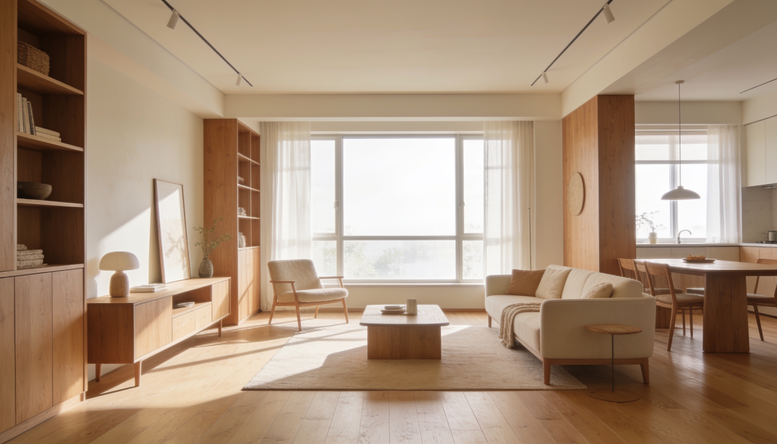 Bright Scandinavian living room with warm oak furniture